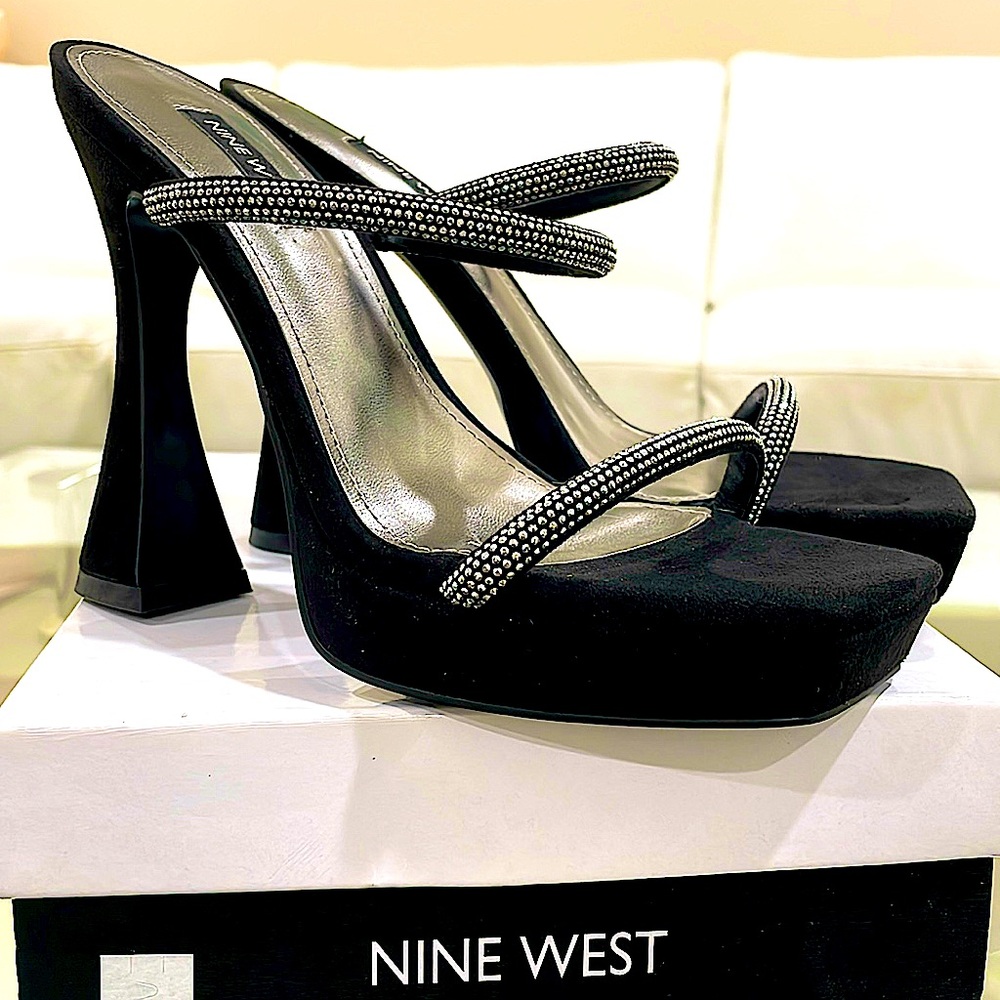 NIB NINE WEST rhinestone strap black platform open toe sandals cocktail heel 7